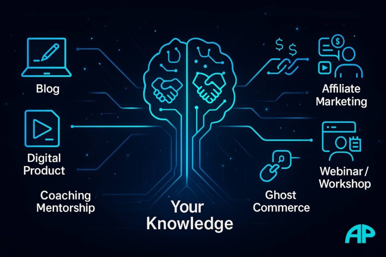 A sleek digital infographic with a 2:1 layout, featuring a glowing decision tree branching into six distinct icons: a laptop with pen (Blog), a document with play icon (Digital Product), two hands reaching (Coaching), a link with currency signs (Affiliate Marketing), a calendar with mic (Webinar), and a faceless figure with content nodes (Ghost Commerce). The tree is labeled “Your Knowledge,” with electric blue and neon turquoise trails on a dark navy background.