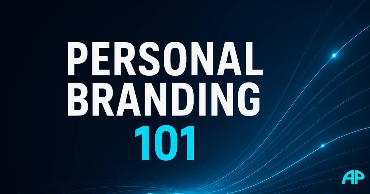 Futuristic digital graphic with the words "Personal Branding 101" in bold white and turquoise over a deep navy background with glowing arc lines.