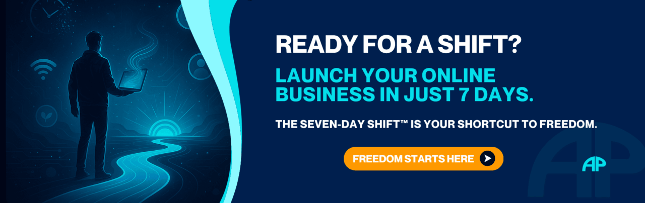 Man standing on a glowing digital path with a laptop, symbolizing launching an online business journey toward freedom.