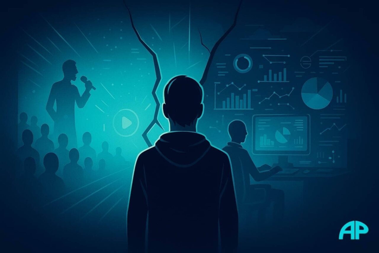 Vlog or Not to Vlog — a person stares into a cracked mirror showing two versions of themselves: one as a glowing stage influencer, the other as a calm strategist surrounded by data systems. The background splits between a digital arena and a quiet command center.