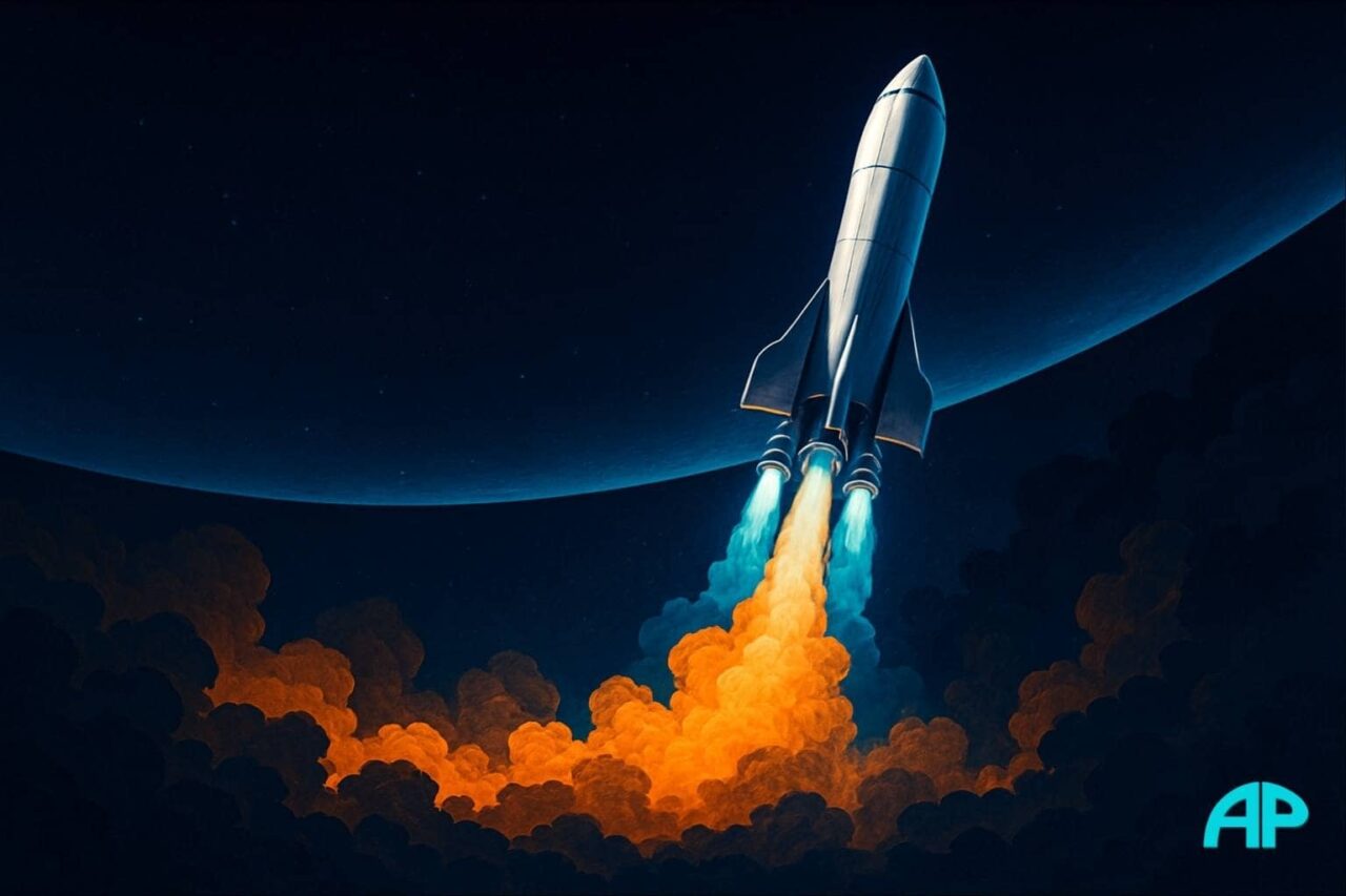 A rocket launches upward through dark smoke and vibrant flames, nearing space with blue exhaust glowing beneath a deep starry sky.
