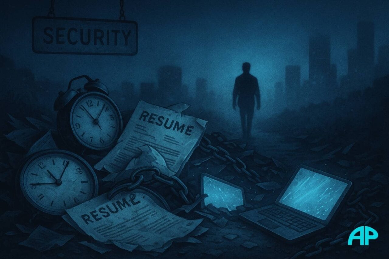 A broken pile of clocks, shredded resumes, and glowing chains lies beneath a fading “Security” sign, while a lone figure walks away into blue mist — symbolizing the decision to break free from the system.