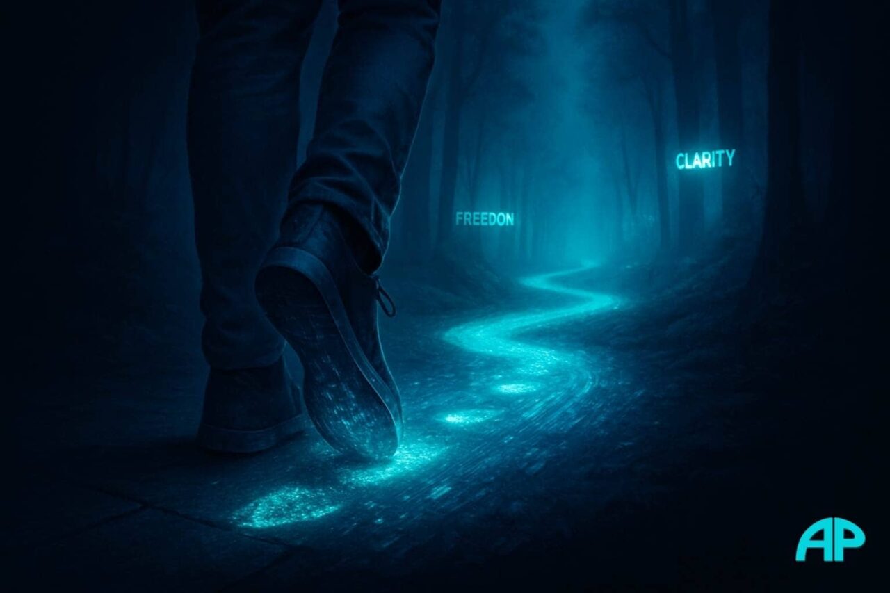 A close-up of a person’s foot stepping onto a glowing turquoise path through a misty, dark forest, with words like “Freedom” and “Clarity” floating ahead.