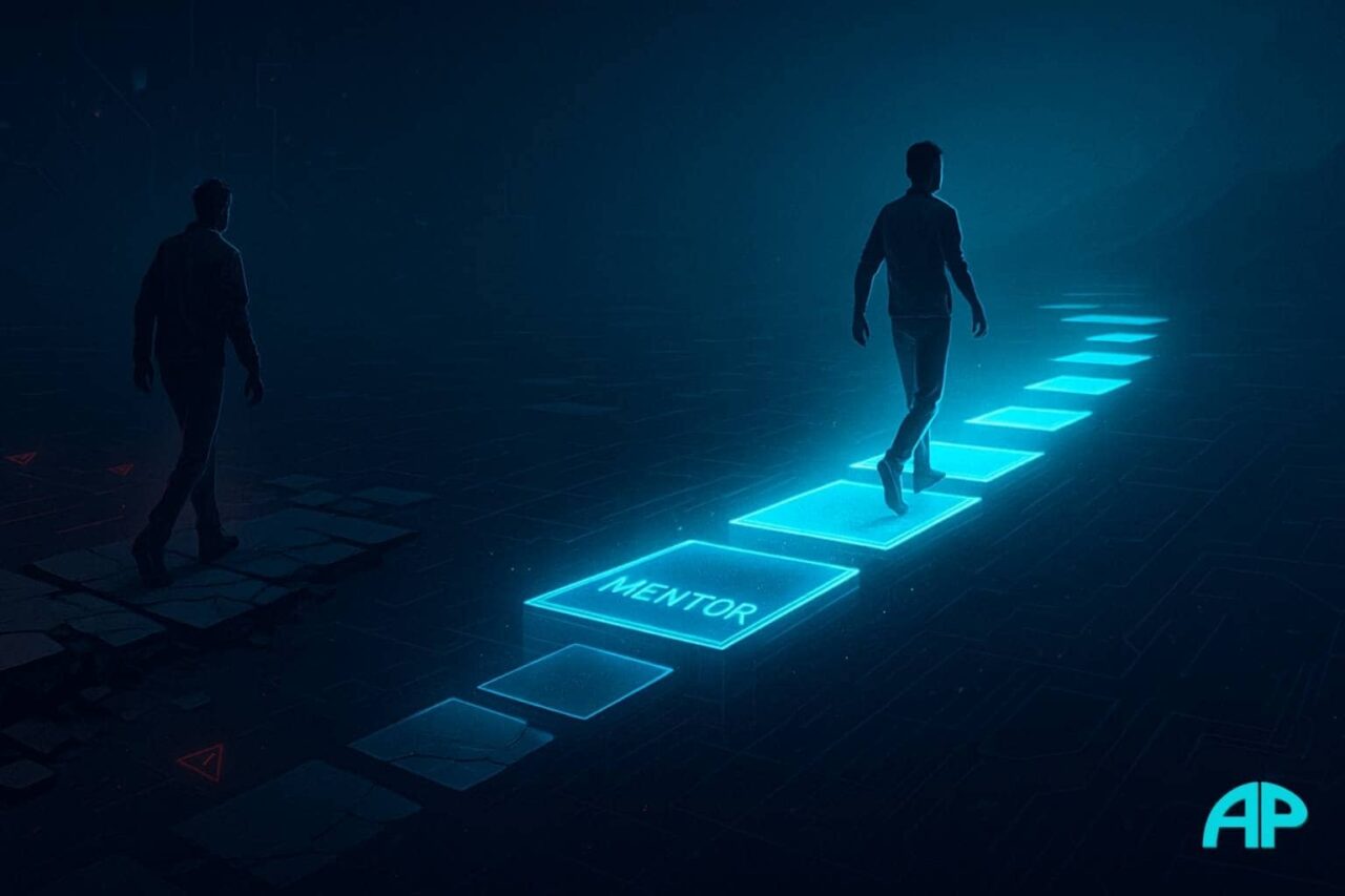 A digital grid-world shows two individuals choosing separate paths. One figure walks a cracked, unstable trail marked by red warning icons. The other strides confidently on a glowing turquoise path beginning at a tile labeled “MENTOR” — a visual metaphor for Coaching and Mentorship as the smarter way forward.