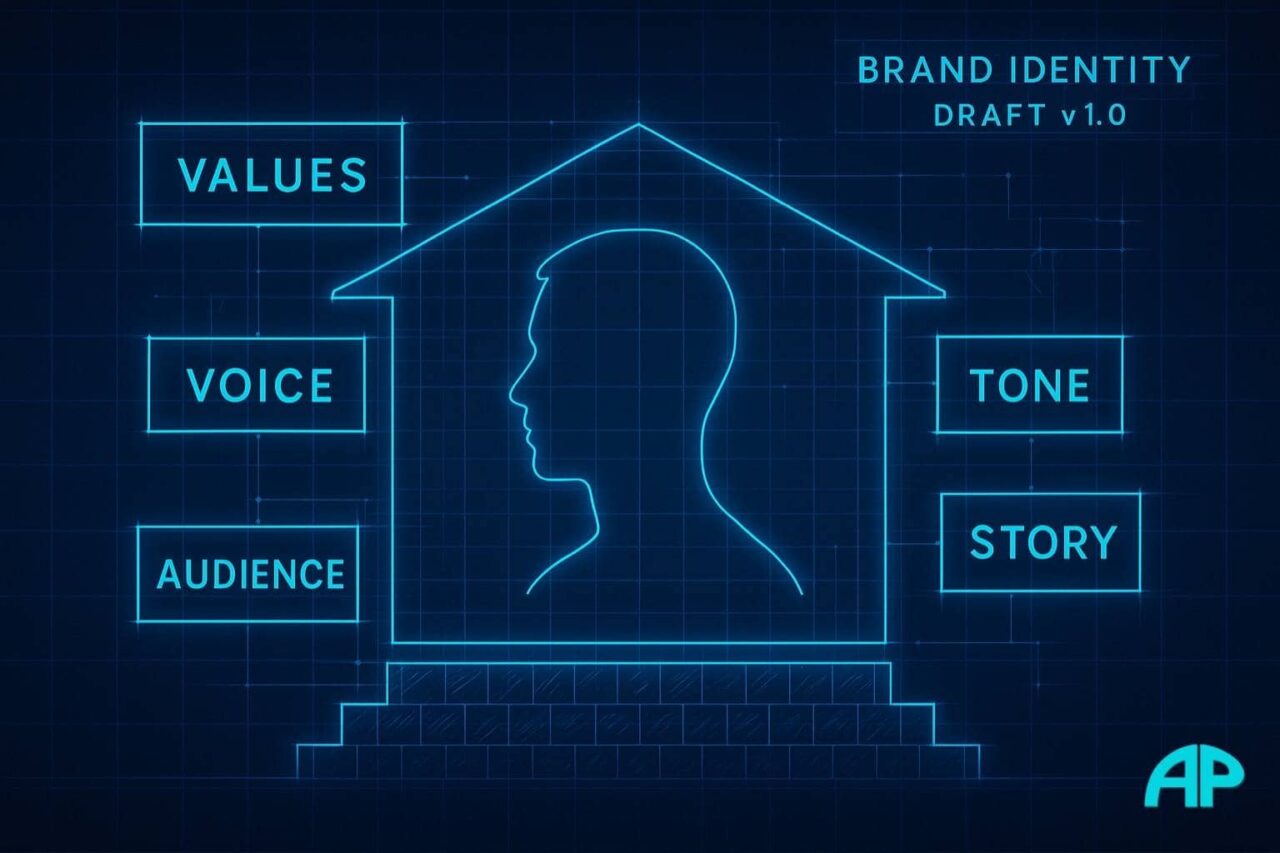 Blueprint-style illustration of a human head surrounded by labeled brand identity elements: values, voice, tone, audience, and story.