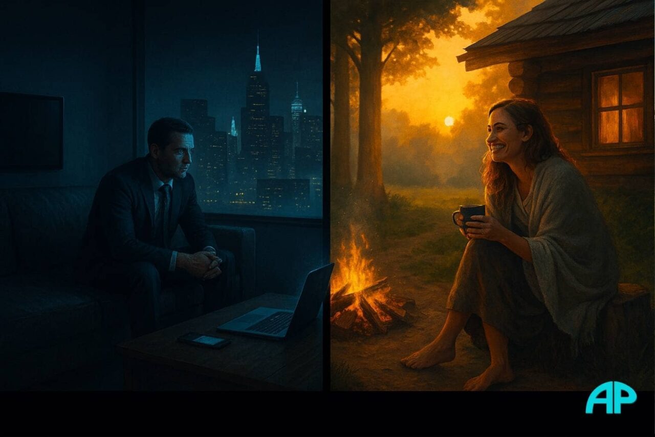 A split digital illustration showing two contrasting lives: on the left, a man in a suit sits alone in a cold, modern high-rise apartment at night, staring blankly at a screen in blue-toned light. On the right, a barefoot woman wrapped in a blanket laughs beside a campfire outside a rustic cabin at golden hour, sipping coffee and talking with a friend. The contrast shows emotional isolation vs human connection.