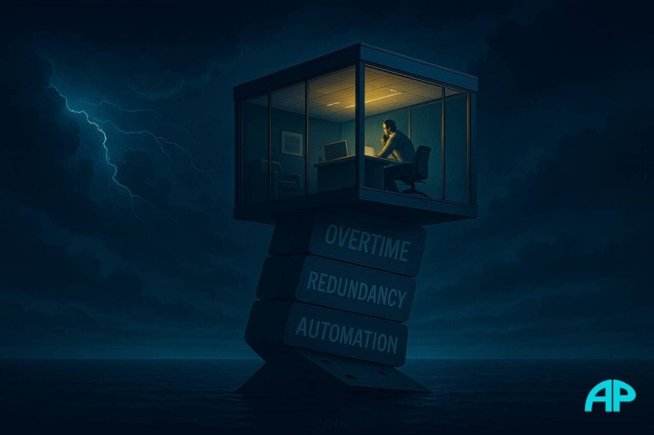 A glass-walled office balances atop giant dominoes labeled “Overtime,” “Redundancy,” and “Automation,” above a stormy ocean with dark clouds and lightning in the background.
