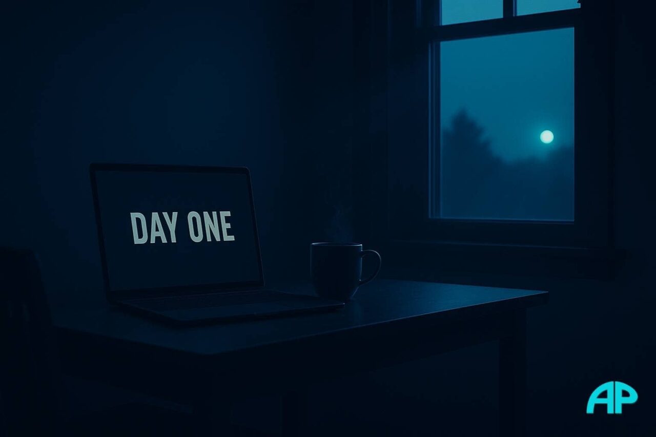 A peaceful morning scene shows a laptop displaying “DAY ONE” beside a steaming mug in a minimalist room, symbolizing a fresh start and the quiet decision to break free from the system.