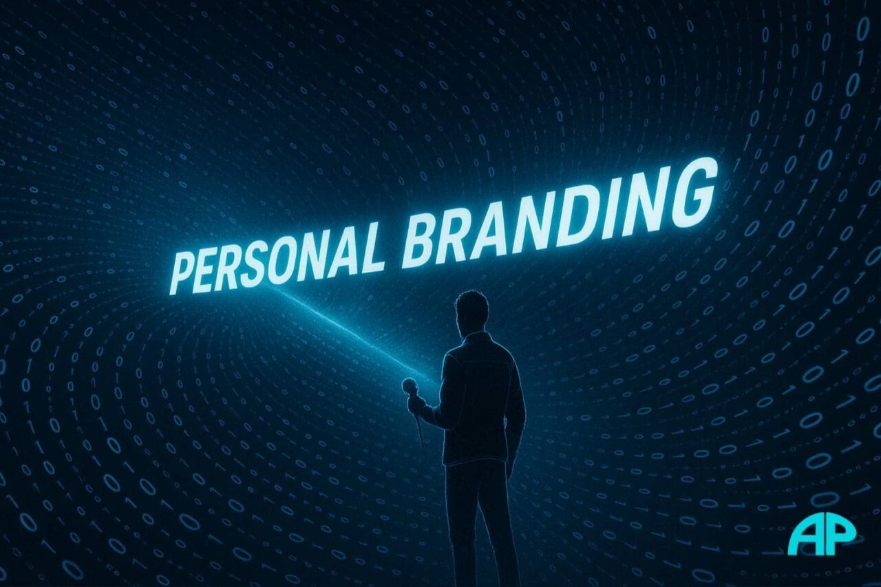 A person uses their voice to cut through digital chaos, projecting the phrase “personal branding” in a glowing beam of clarity.
