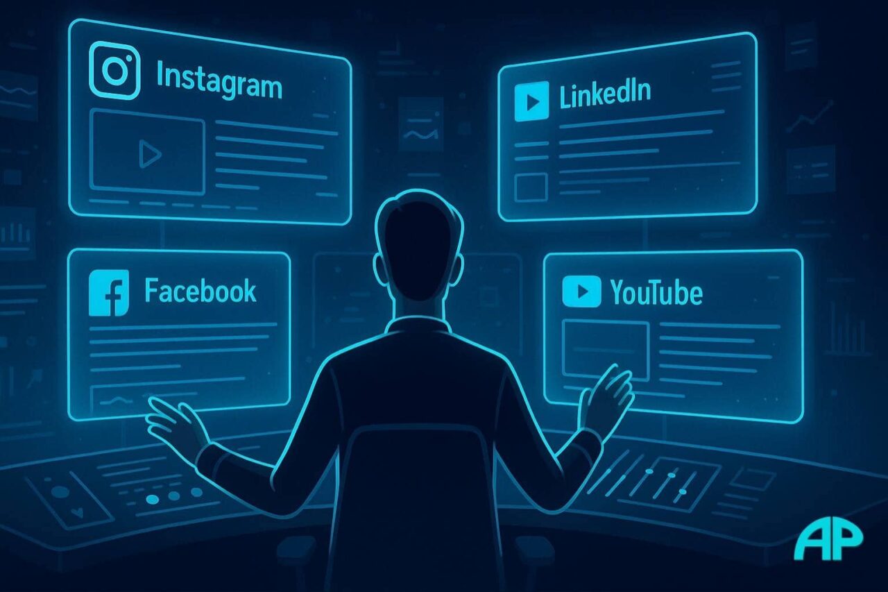 Person managing their personal branding through holographic dashboards of social media platforms like Instagram, Facebook, LinkedIn, and YouTube.