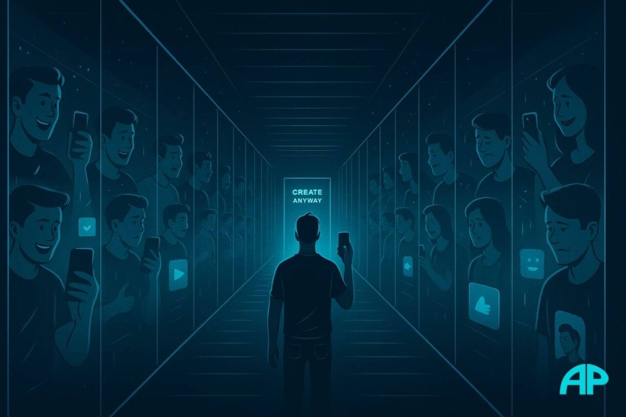 A person stands in a long mirror-lined hallway, each reflection showing different emotional reactions while holding a phone. At the end, a glowing door reads “CREATE ANYWAY.”