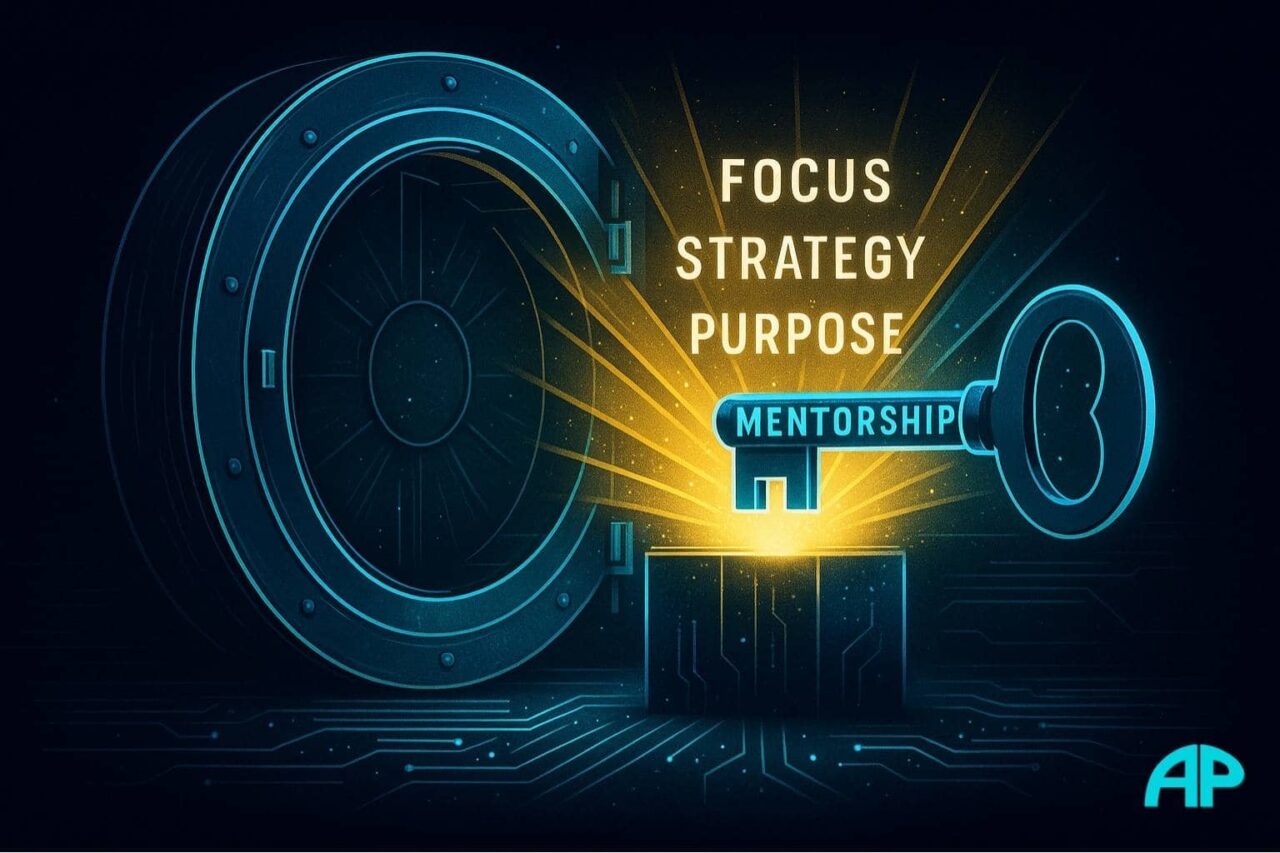 A futuristic vault unlocking with a glowing key labeled "Mentorship," releasing beams of light symbolizing focus, strategy, and purpose — a powerful metaphor for Coaching and Mentorship as an investment in growth.