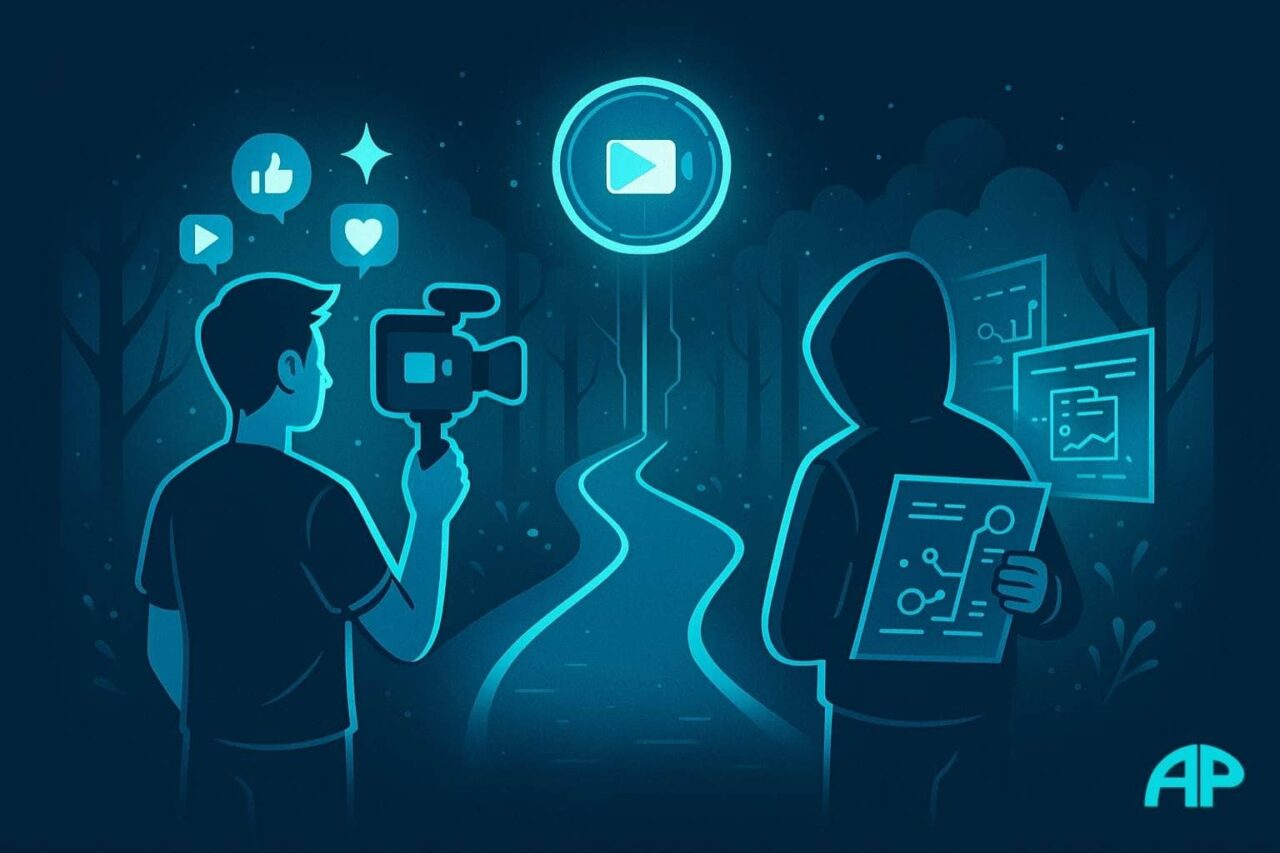 Two digital avatars stand at a glowing fork in a neon path. One holds a camera with social icons floating around, the other holds a blueprint with system charts. A coin spins midair between them.