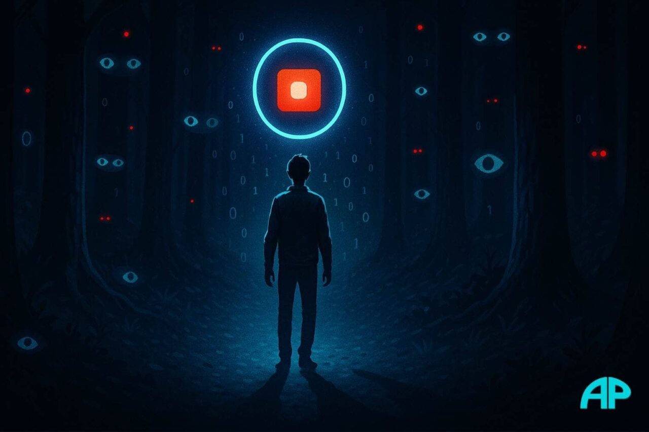 Vlog or Not to Vlog — a lone figure in a dark digital forest faces a glowing record button, symbolizing pressure to be on camera.