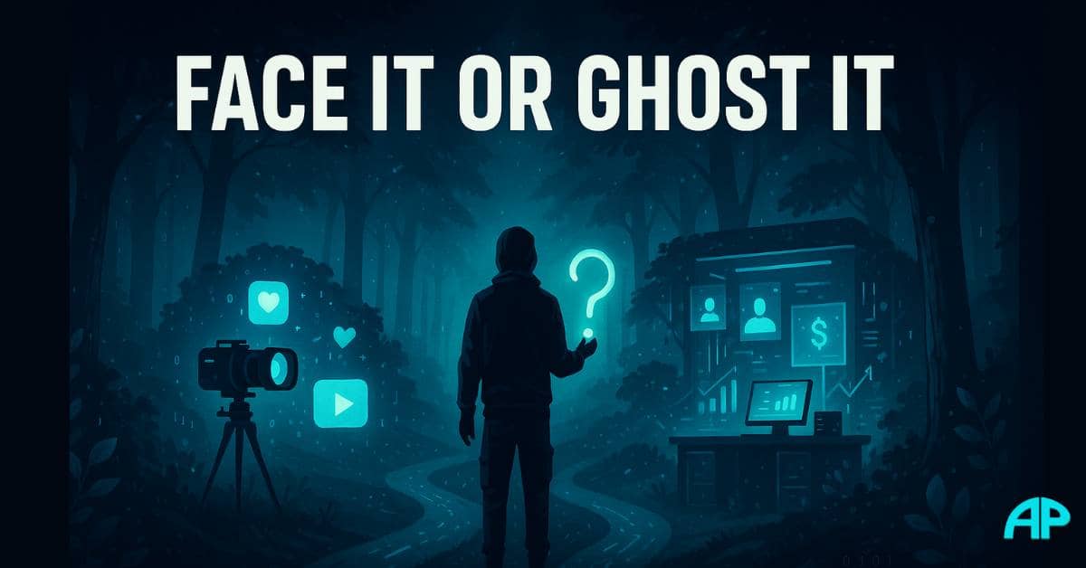 Vlog or Not to Vlog A lone figure stands at a digital forest crossroads choosing between a vlogging path and a faceless online business, symbolizing the choice: Vlog or Not to Vlog.