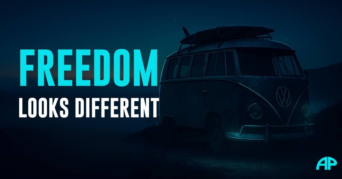 What Is Freedom A Quiet Answer in Motion A cinematic digital image of a vintage Volkswagen combi van parked alone at dusk on a rugged cliffside. The van is softly lit with turquoise reflections, set against a deep navy sky fading into black. There is no visible person, only the presence of quiet independence. This minimalist scene visually explores the question: What is freedom?