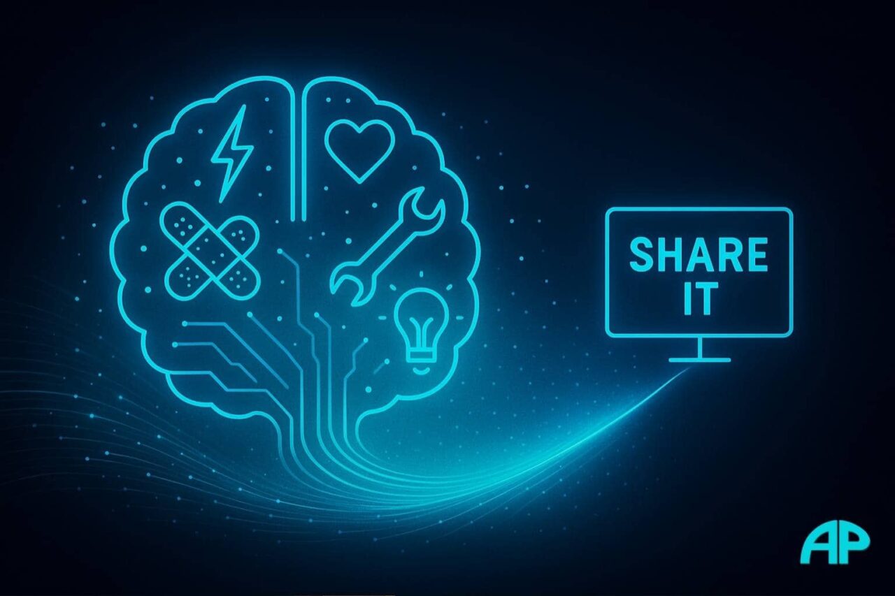 A glowing digital brain made of turquoise circuitry and symbolic icons—bandage, wrench, heart, lightbulb, and lightning bolt—emits radiant data streams toward a computer screen that says “SHARE IT,” set on a deep navy background with neon gradients.