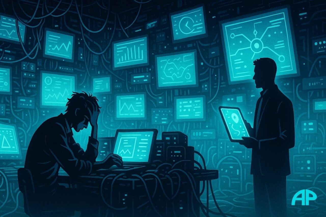 A cluttered digital control room with glowing screens and tangled wires surrounds a frustrated man, while a calm figure nearby holds a glowing map — symbolizing the difference Coaching and Mentorship can make.