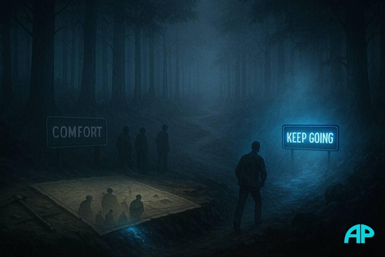 A lone figure stands at a fork in a misty digital forest. One path, labeled “Comfort,” is crowded and dim. The other path, marked “Keep Going,” glows in electric blue, leading into the unknown.