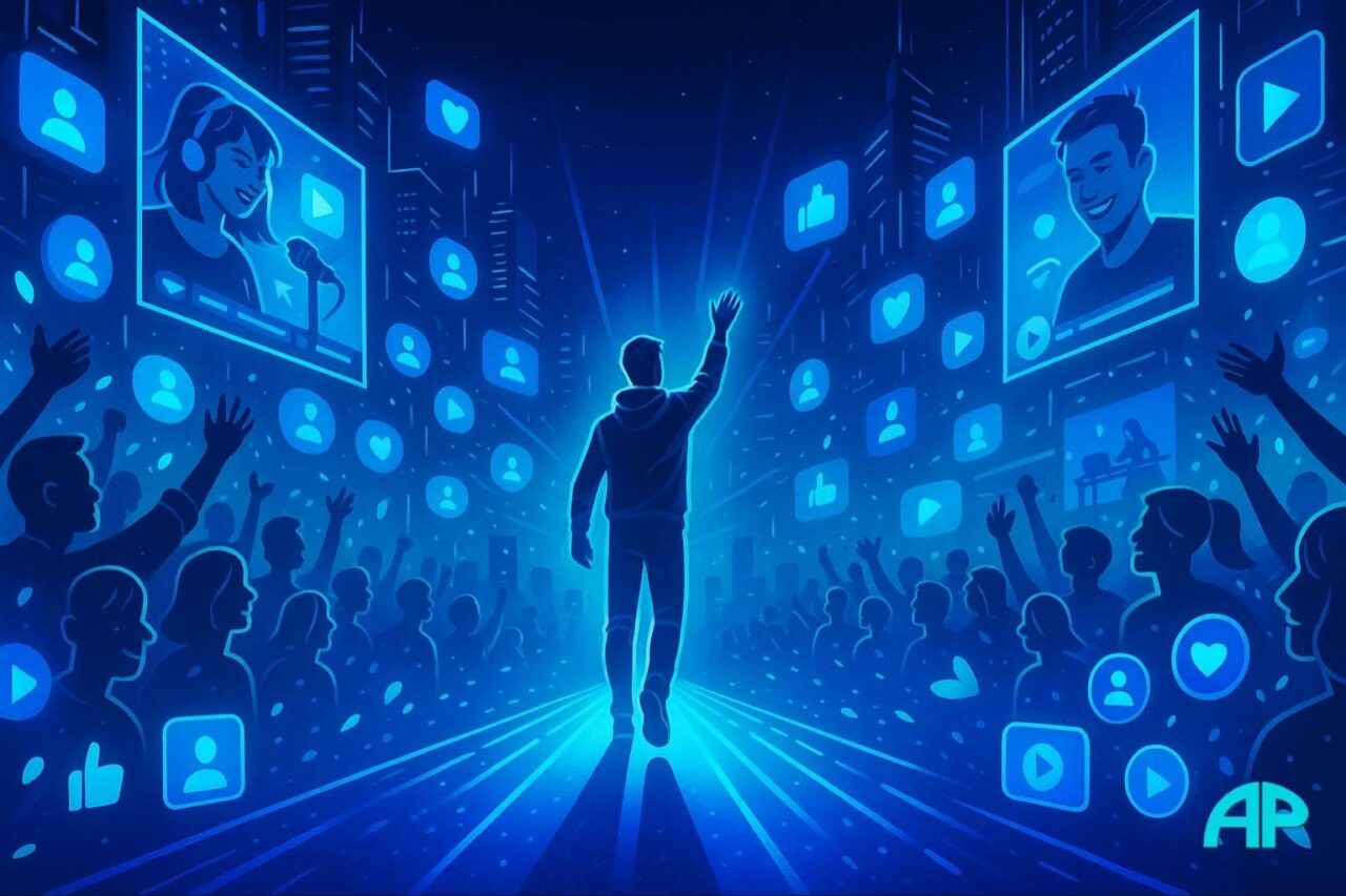 Vlog or Not to Vlog — a confident creator walks a neon catwalk in a futuristic city filled with digital fans and streaming icons.