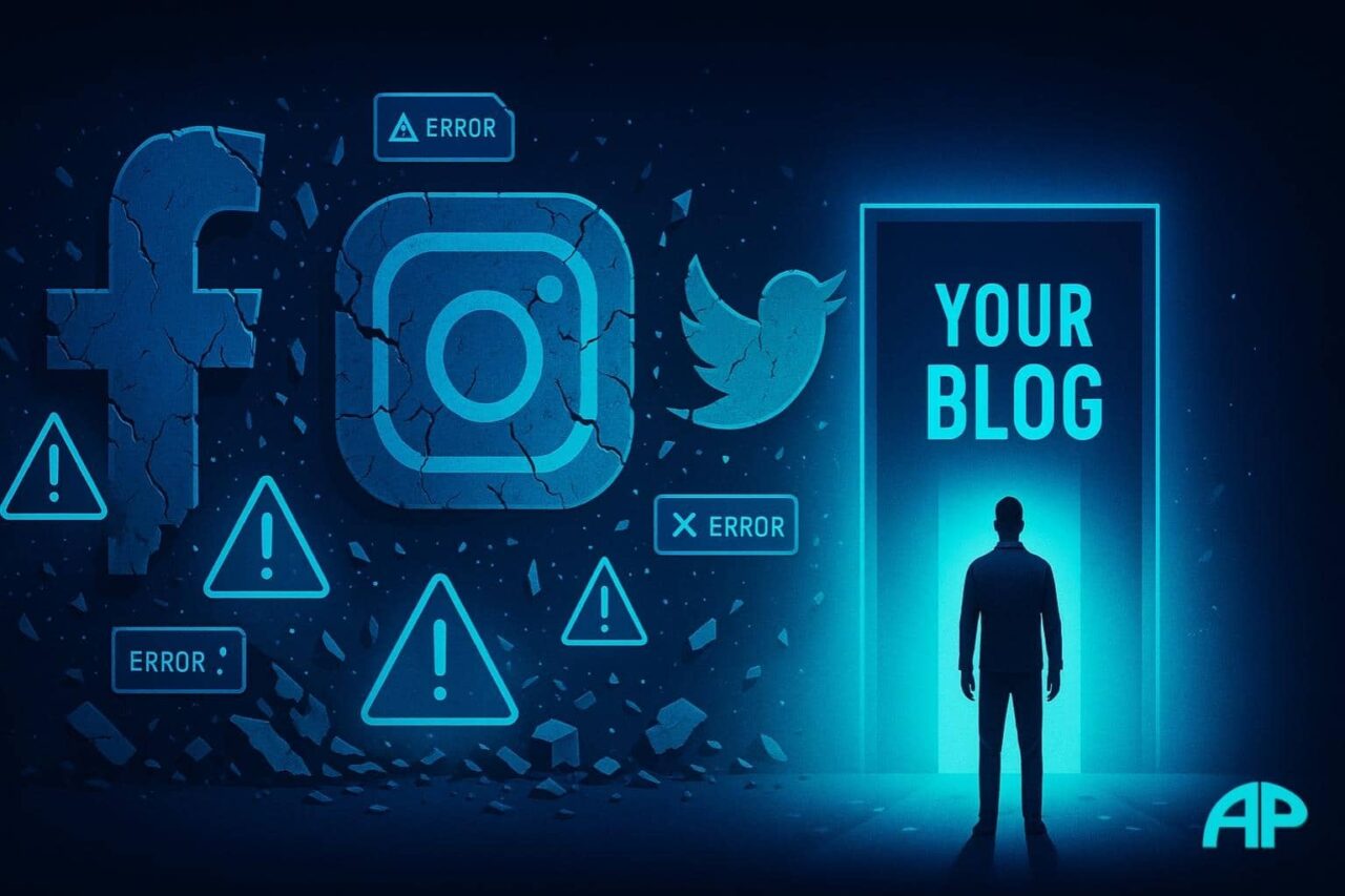 Person standing before crumbling social media icons with warning signs, facing a glowing portal labeled "Your Blog"