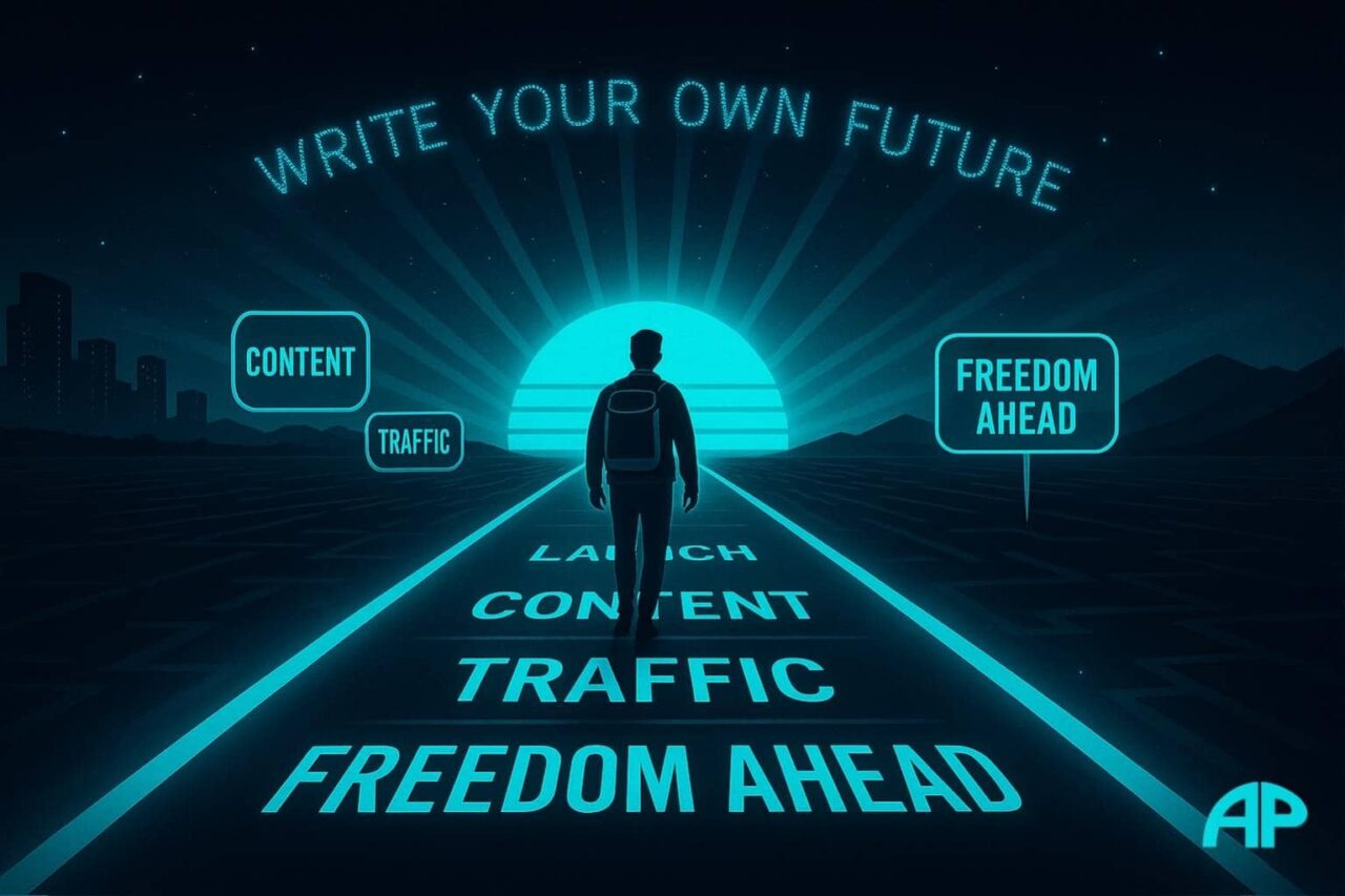A silhouetted figure walks a glowing digital road with milestones like “Launch,” “Content,” “Traffic,” and “Freedom Ahead,” surrounded by a dark outer margin and framed by the phrase “Write Your Own Future” in neon.