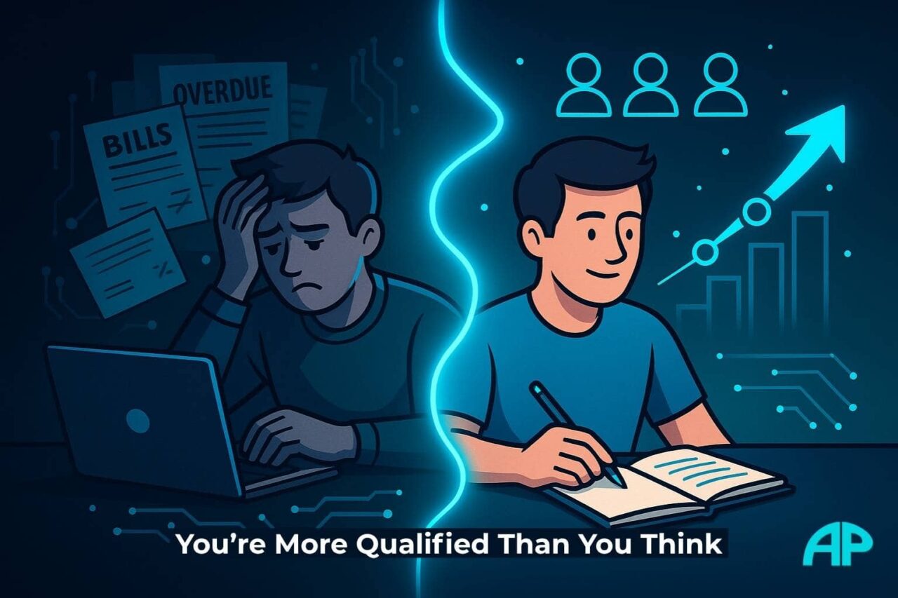 A split-screen digital illustration showing two mirrored realities of the same person. On the left, chaos: scattered bills, a broken laptop, visible stress. On the right, calm and focus: a glowing roadmap, neat notepad, digital audience icons. A turquoise thread of energy connects both sides, symbolizing transformation through lived experience.