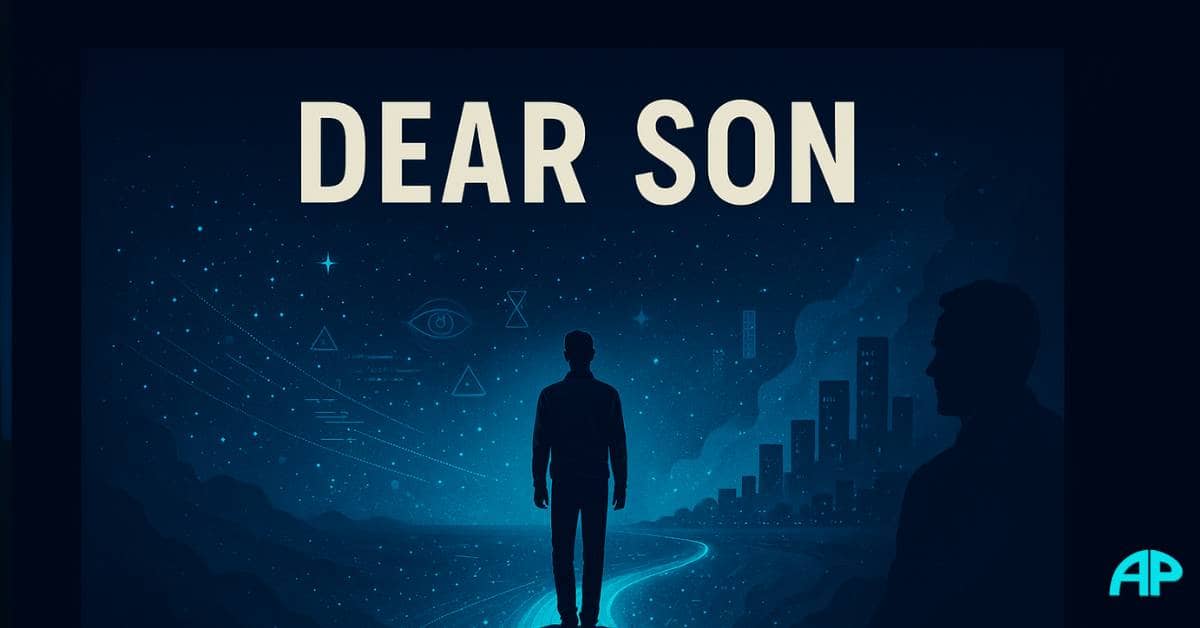 Digital illustration of a young man on a cliff gazing at a starry, data-infused horizon, with the bold text “Dear Son” above and a shadowed father figure watching nearby.