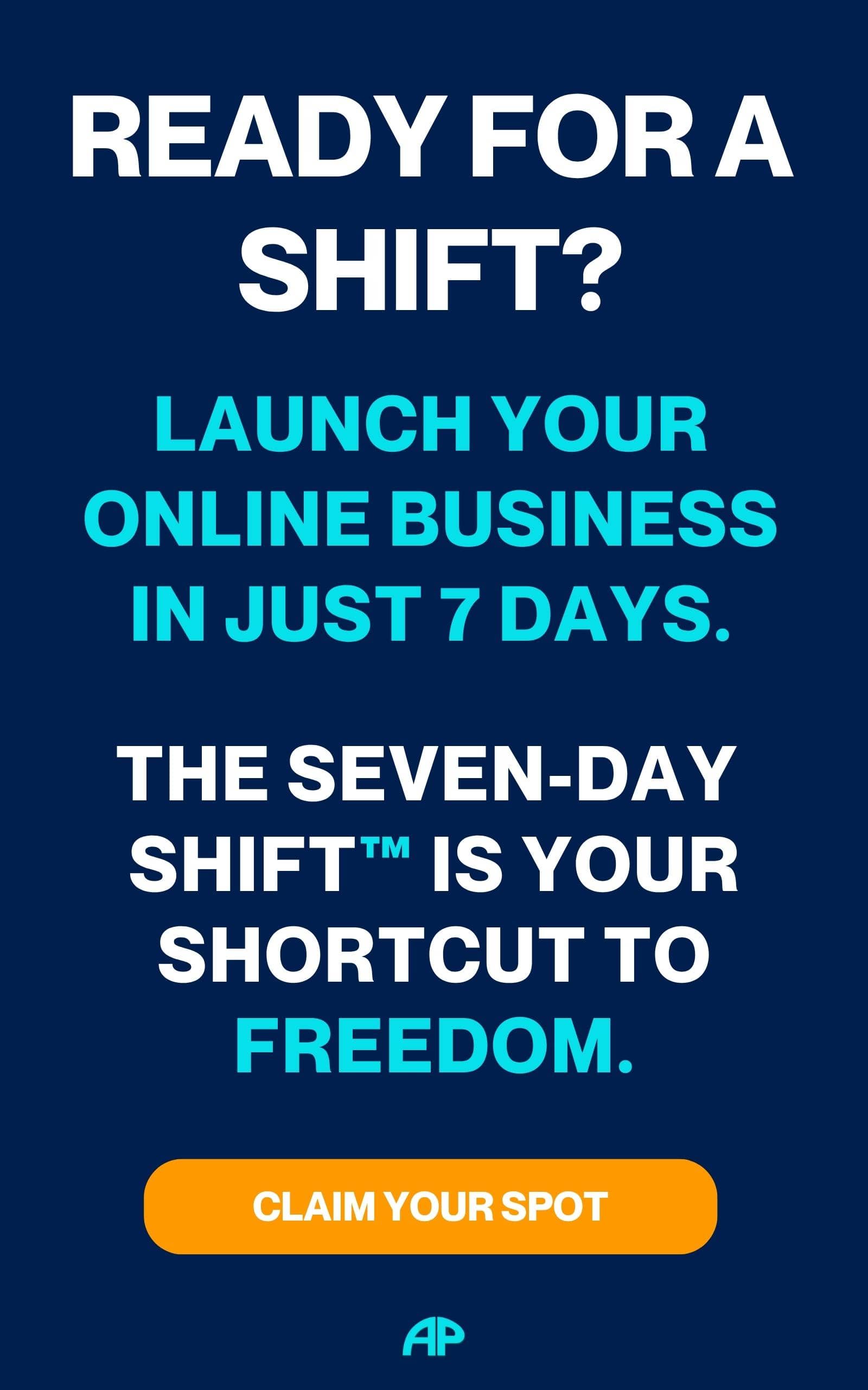 Promotional graphic for The Seven-Day Shift program with bold text and a call-to-action button.