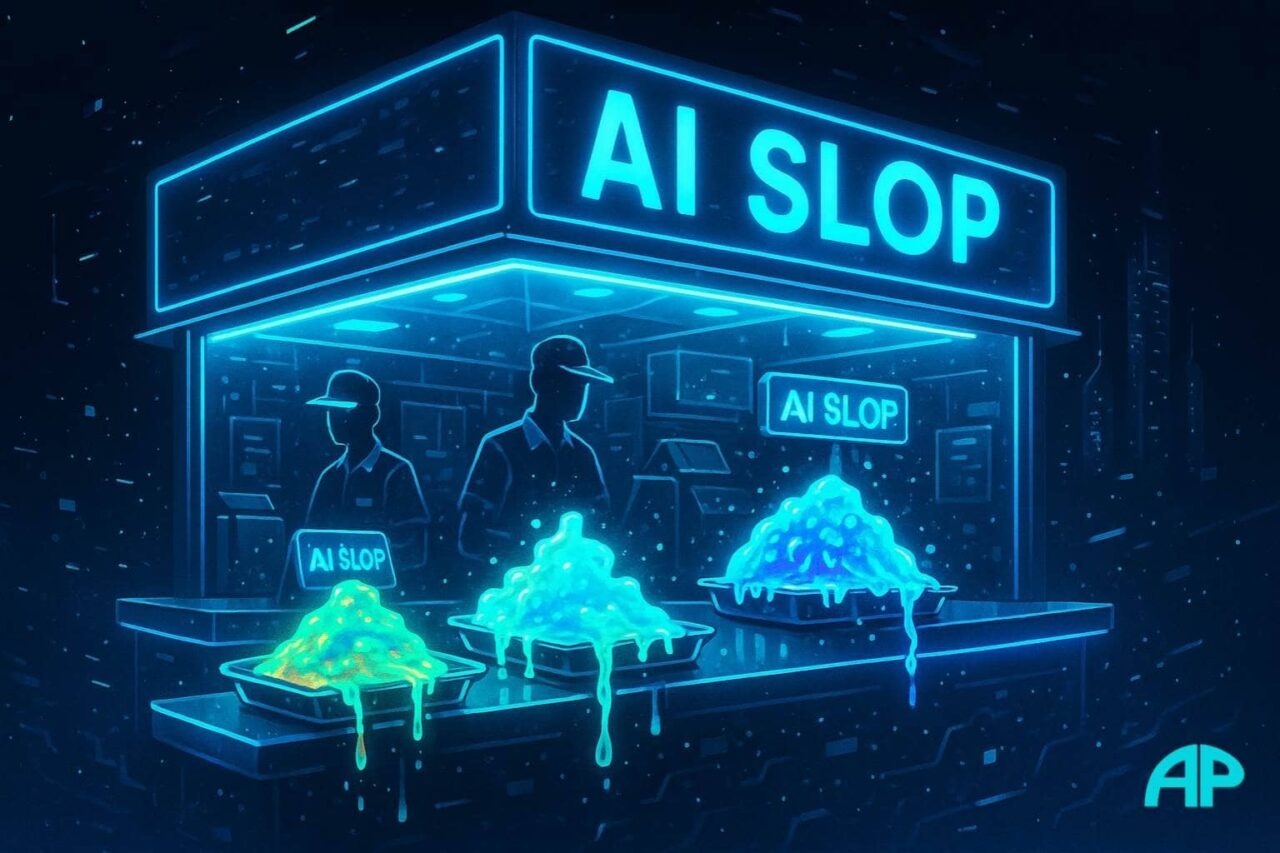 Neon-lit fast food restaurant floating in a digital void, glowing in electric blue and neon turquoise, serving trays of bright neon goo labeled “AI Slop,” surrounded by glitchy digital particles and futuristic servers.