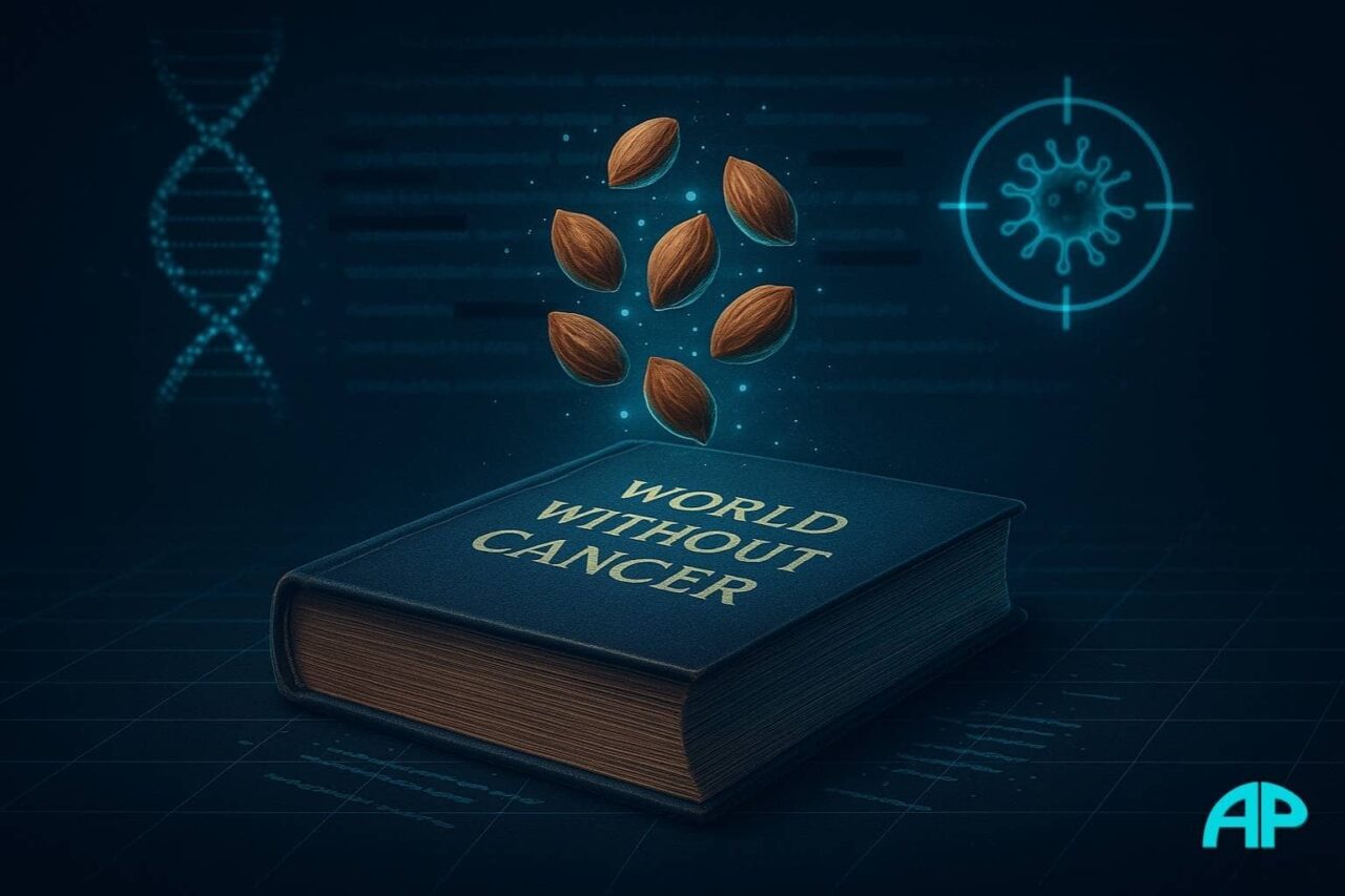 A glowing book titled "World Without Cancer" on a digital table, with floating apricot kernels and DNA symbols illustrating apricot kernels cancer benefits.