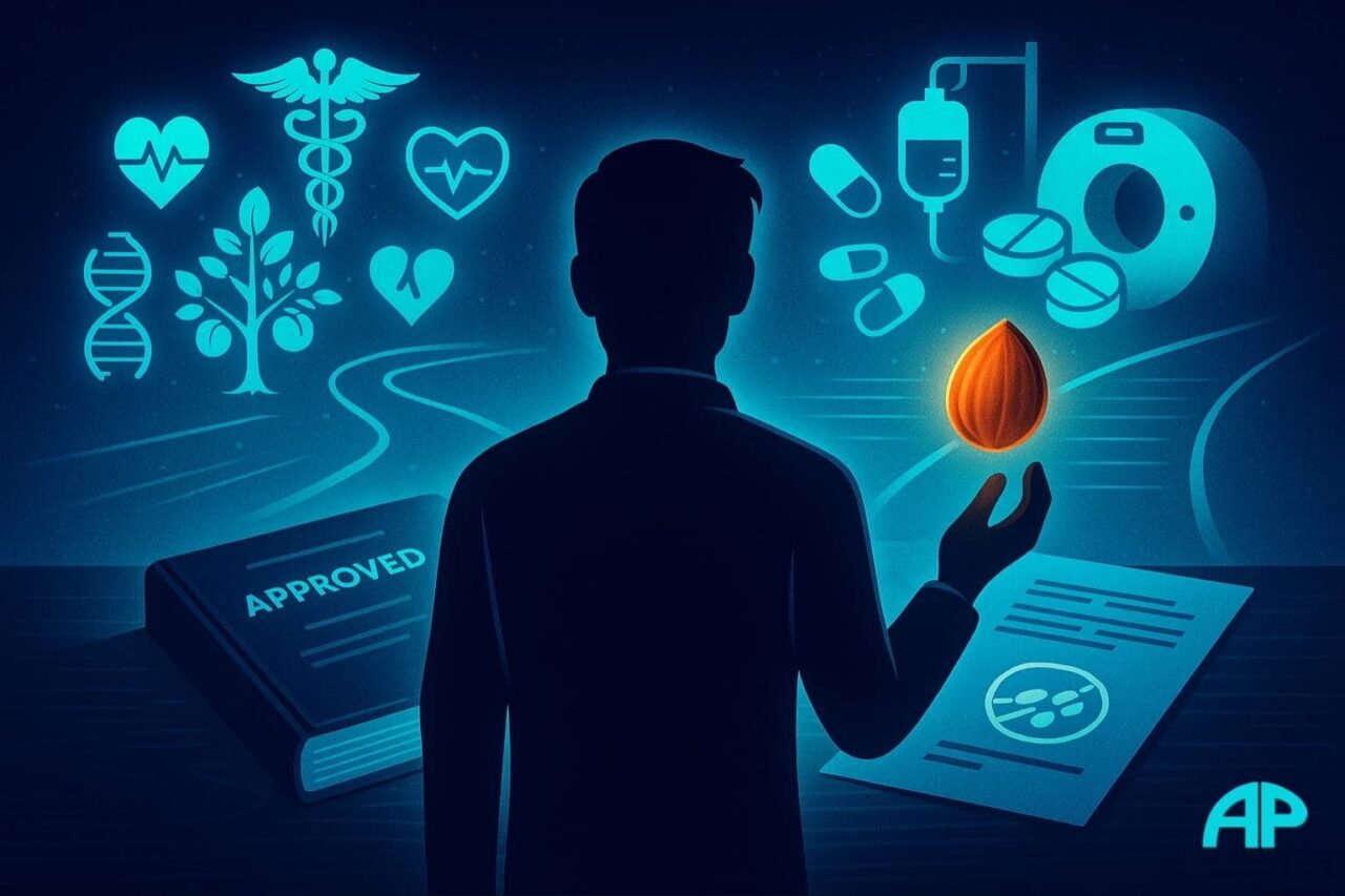 A person at a crossroads holding an apricot kernel, choosing between a natural path with health symbols and a clinical path of pills and machines.