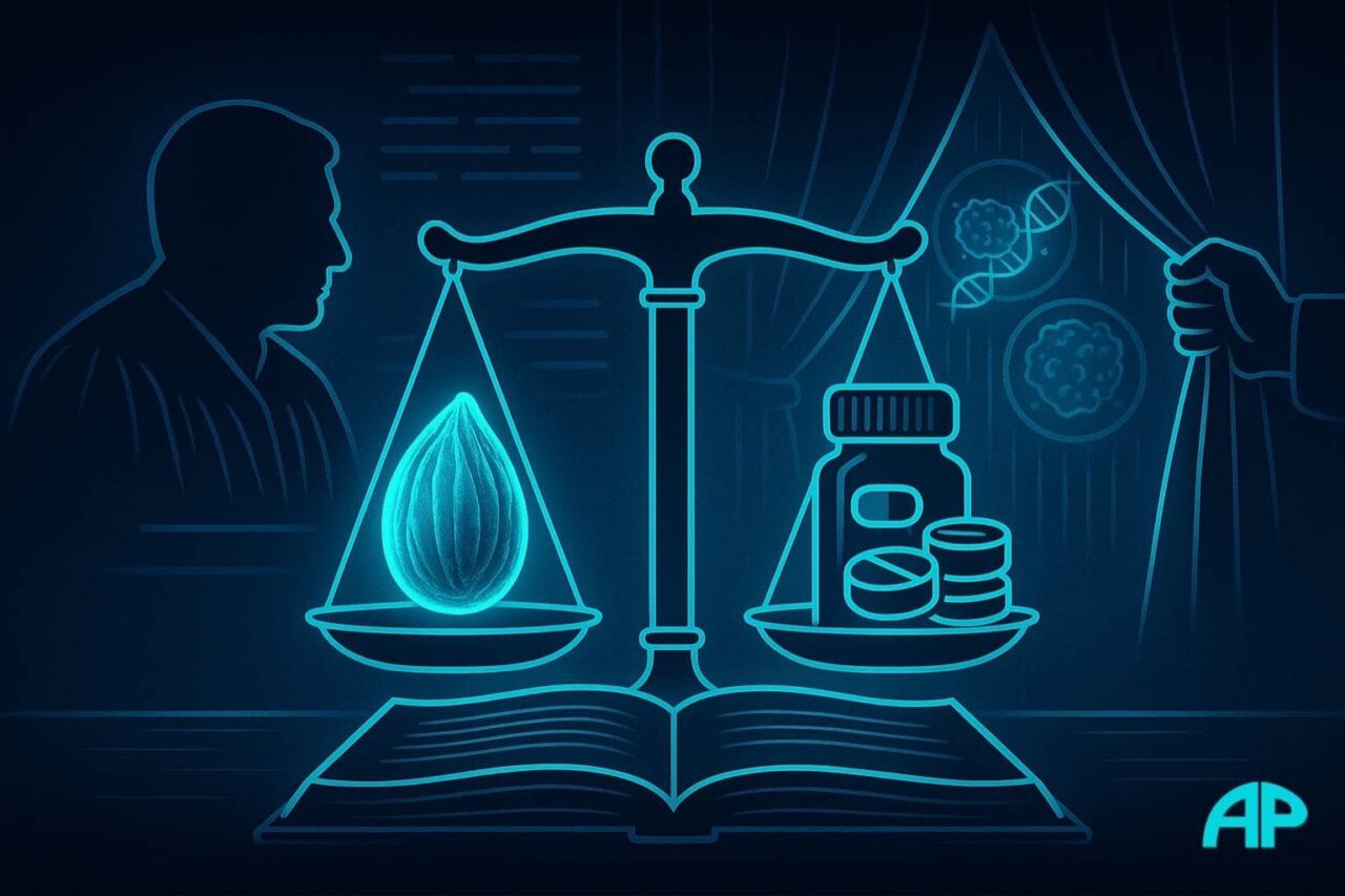 A digital scale weighing an apricot kernel against pharmaceutical pills in a courtroom, with hidden cancer data behind a pulled curtain.