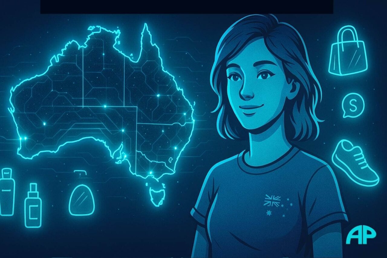Digital map of Australia glowing neon turquoise with connected data lines, beside a virtual influencer in casual attire featuring an Aussie flag, surrounded by holographic icons of surf gear, skincare, and fashion items.