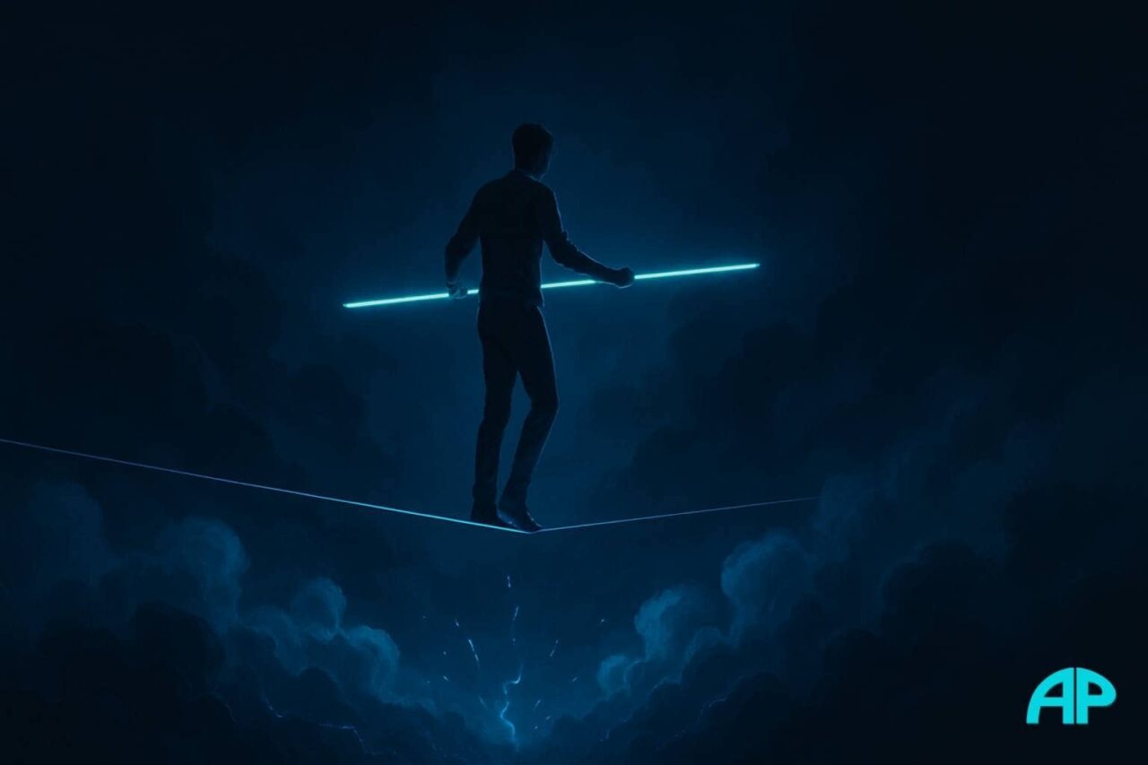 A lone figure walks a tightrope high above swirling, stormy clouds, balancing with a glowing turquoise pole under a dark navy sky, evoking focus and resilience.