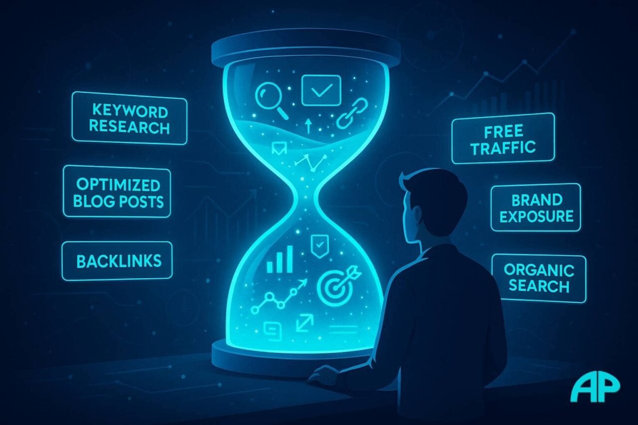 Person looking at a glowing digital hourglass filled with SEO icons like graphs, links, and checkmarks, surrounded by neon-blue panels labeled with SEO concepts such as keyword research, backlinks, and free traffic, set against a dark digital background.