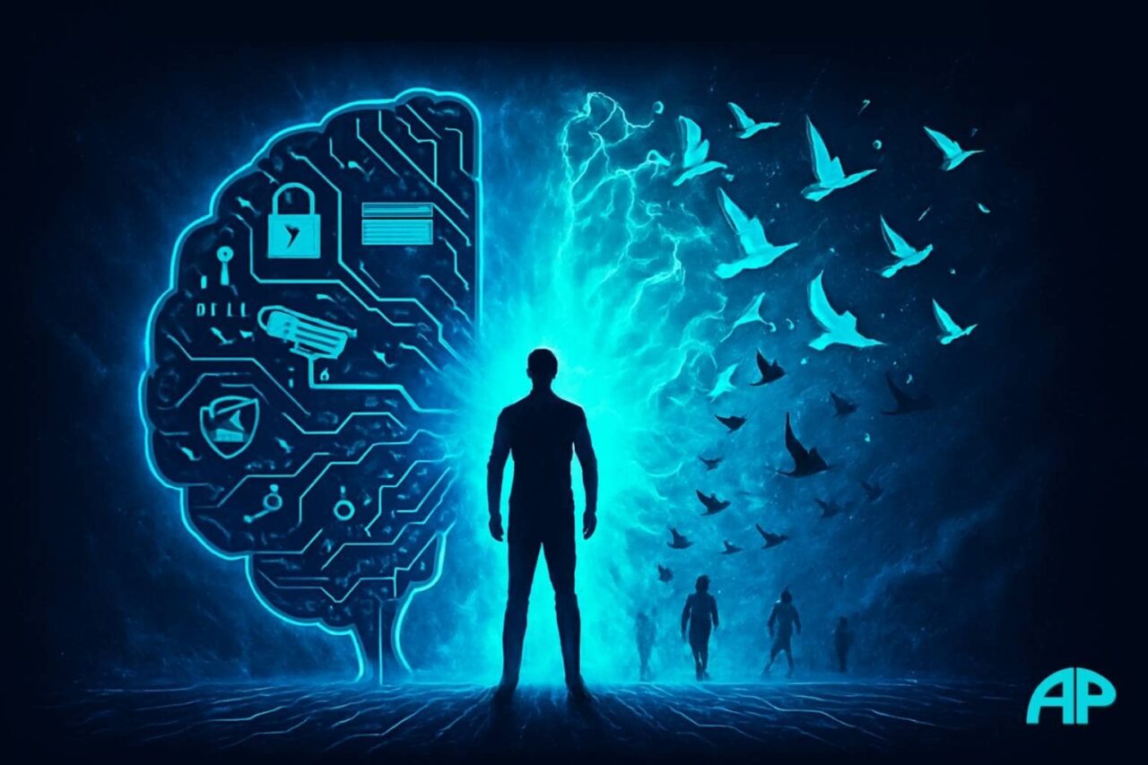 A symbolic split brain glows with circuitry and surveillance icons on one side, free-flying birds and light on the other, while a silhouetted figure stands tall in the center—representing independent thought breaking free from the mainframe of control.