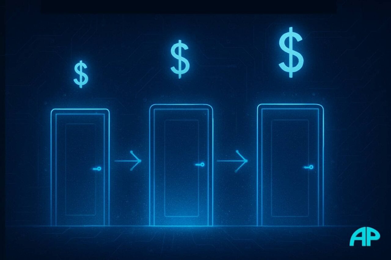 Three neon blue digital doors in a row on a dark navy background, each with glowing dollar signs above, connected by electric blue arrows, symbolizing different cost levels to start a blog from hobby to professional.