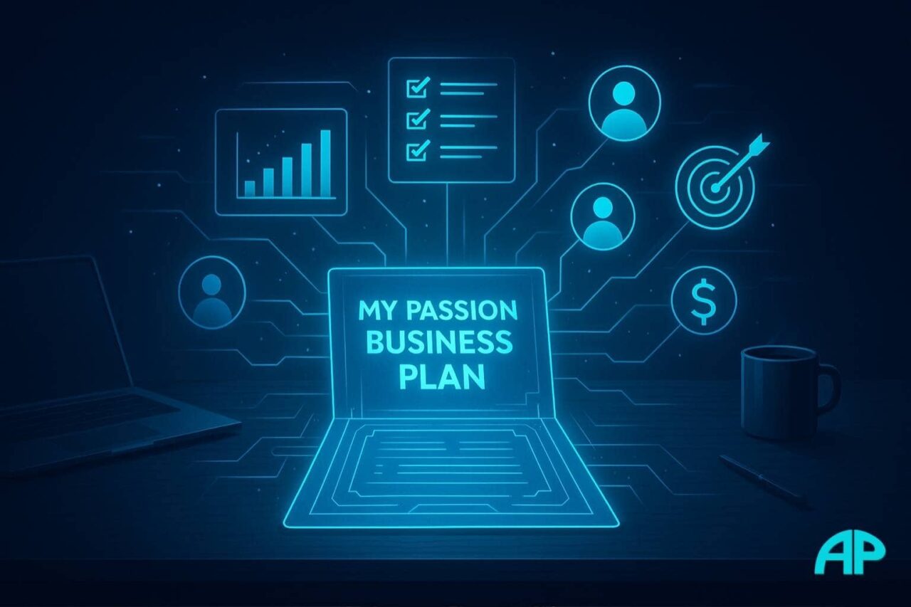 Digital workspace featuring a glowing holographic screen titled “My Passion Business Plan,” surrounded by floating charts, checklists, audience icons, and dollar symbols, all connected by electric blue circuitry on a dark navy background.