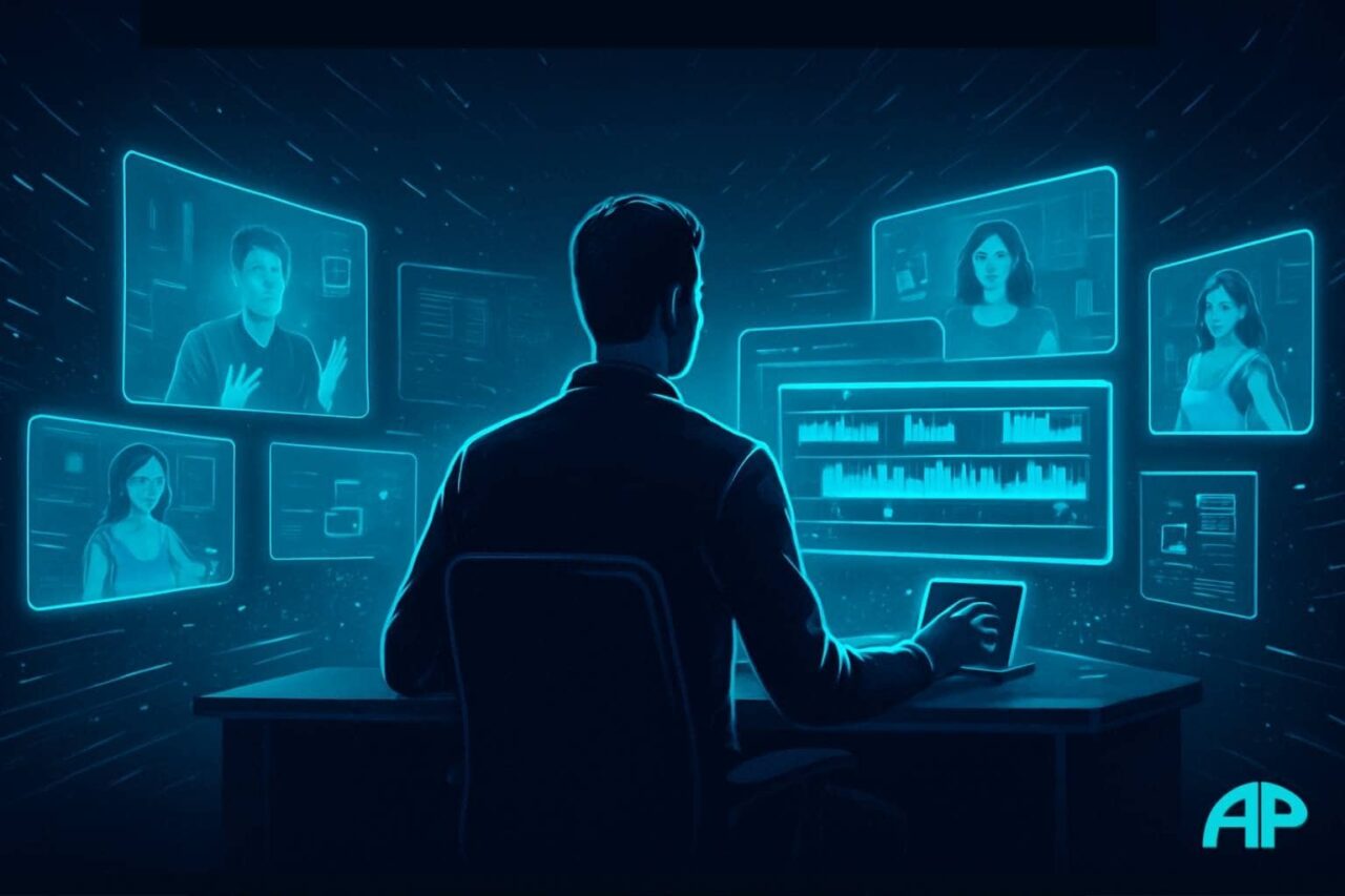 Video editor silhouetted at a sleek desk surrounded by glowing holographic video panels, neon turquoise and electric blue colors symbolizing how to Edit Like a Pro in a futuristic digital workspace.