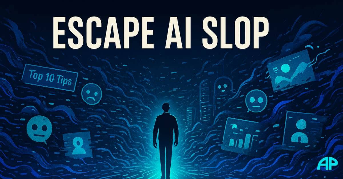 Futuristic digital landscape with swirling waves of chaotic ai slop, including glitchy code and floating text fragments, as a human figure stands confidently on a glowing turquoise path leading away from the chaos.