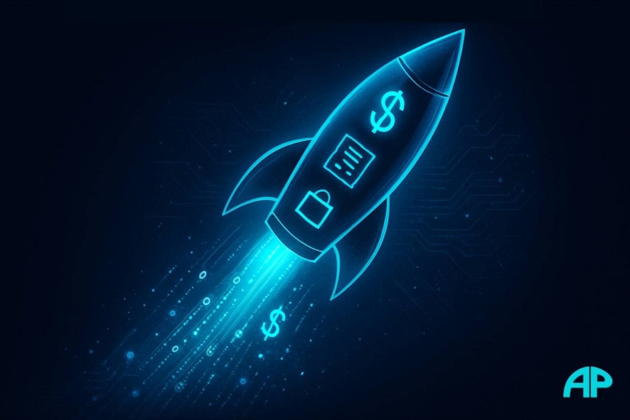 Futuristic neon rocket launching upward, glowing turquoise and electric blue, leaving trails of binary code and sparks, symbolizing digital growth and ambition.