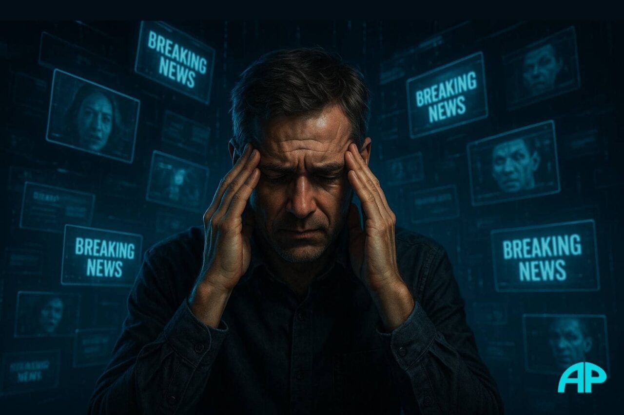 A cyberpunk-style digital artwork depicting a stressed middle-aged man pressing his temples, surrounded by glowing holographic screens showing “BREAKING NEWS,” fake news alerts, and distorted faces in cool blue and teal hues, symbolizing the overwhelming impact of misinformation and deepfakes.