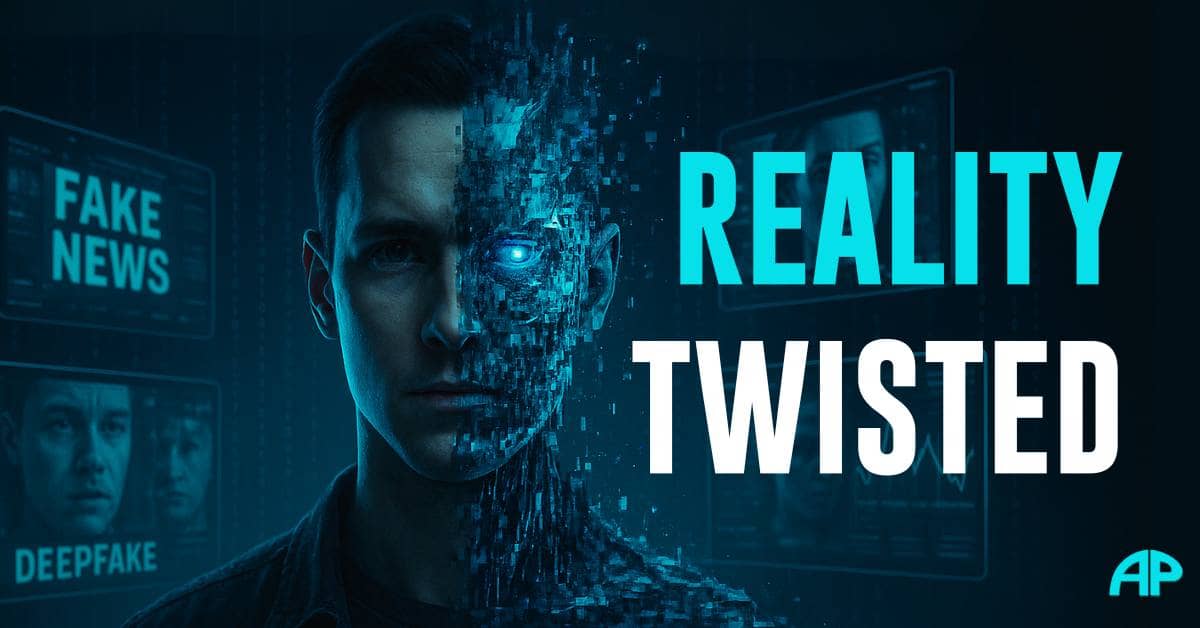 Digital artwork titled “Reality Twisted” showing the struggle for freedom in the age of deepfakes, with a photorealistic figure’s face partly dissolving into digital glitches and holographic screens displaying fake news and manipulated media against a dark neon background.