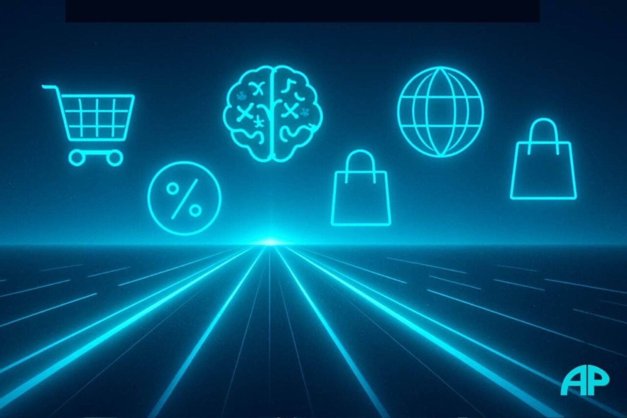 Futuristic neon turquoise highway stretching into a glowing electric blue horizon, with floating digital icons of shopping, AI brain, globe, and retail bags, symbolizing digital transformation and global commerce.