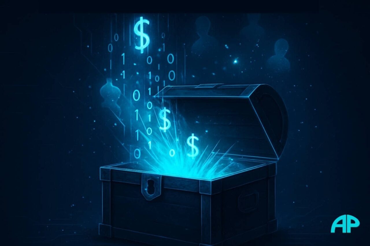 Futuristic treasure chest slightly open, glowing turquoise and electric blue digital streams spilling out as binary code, neon dollar signs, and ghostly silhouettes, symbolizing hidden blogging expenses and the cost to start a blog.