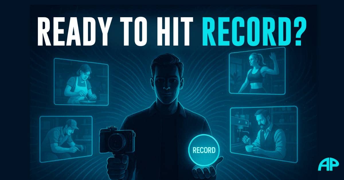 How to Start a YouTube Channel: Ready to Hit Record? Charismatic digital creator in navy blue glow holds camera and glowing turquoise “Record” button, surrounded by holographic screens of diverse video content, symbolizing How to Start a YouTube Channel.