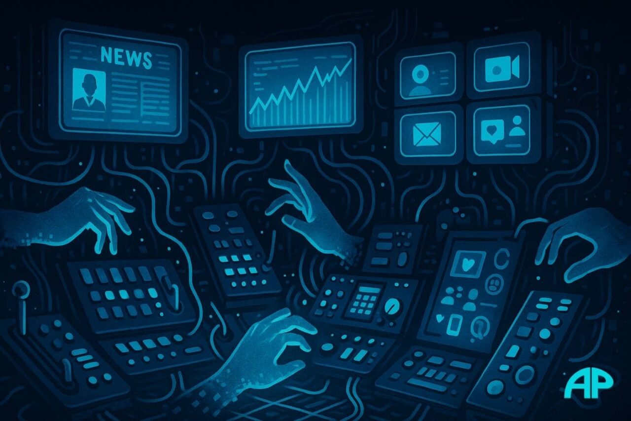 A futuristic control panel glows with turquoise lights, covered in levers and screens showing news, finance, surveillance, and social media; pixelated, disembodied hands reach for the controls, representing invisible operators.