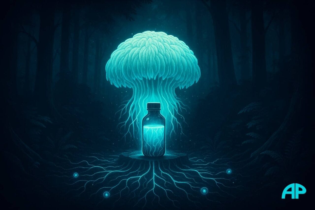 Glowing Lion’s Mane mushroom in a digital forest with cyan neural roots and soft turquoise light.