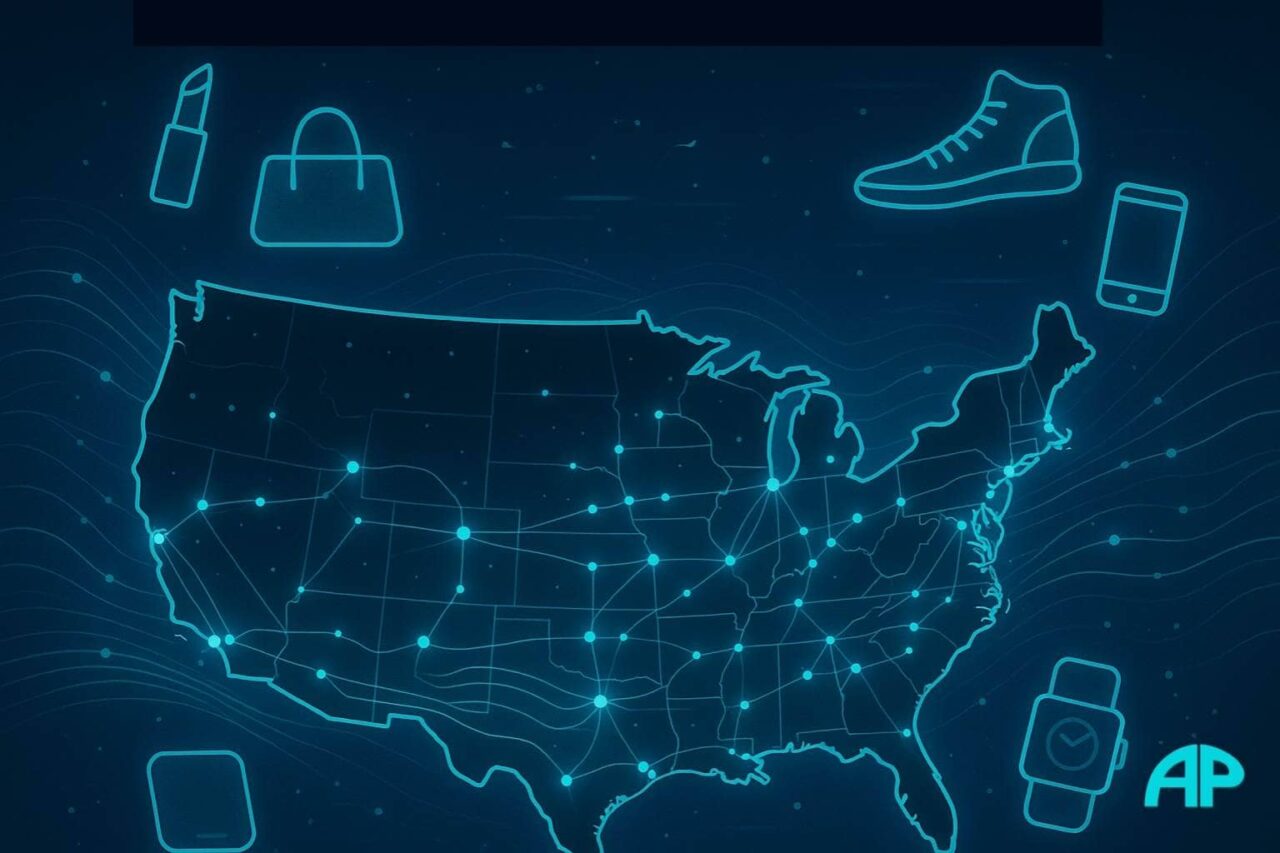 Neon turquoise map of the USA with glowing network lines, surrounded by holographic icons of lipstick, sneaker, smartphone, smartwatch, and handbag, symbolizing Live Shopping and AI.